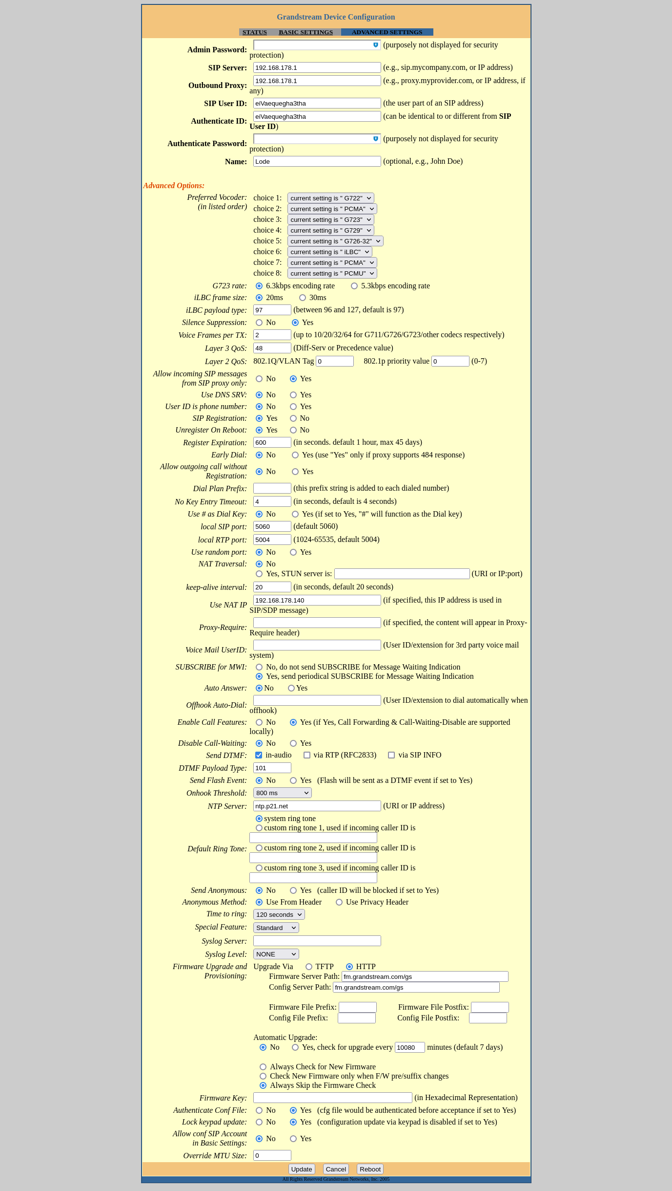 Konfigurationsdaten im Screenshot Konfigurationsdaten im Screenshot